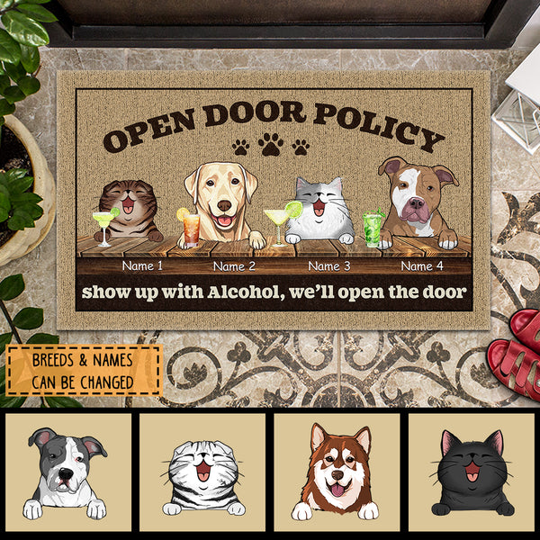 Pawzity Custom Doormat, Gifts For Pet Lovers, Open Door Policy Show Up With Alcohol We'll Open The Door