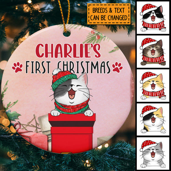 Cat 1st Christmas, Christmas Gifts Circle Ceramic Ornament, Personalized Cat Breed Ornament, Xmas Gifts For Cat Lovers