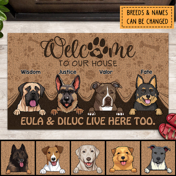 Pawzity Welcome To Our House Custom Doormat, Gifts For Dog Lovers, Dog Peeking From Curtain Welcome Mat