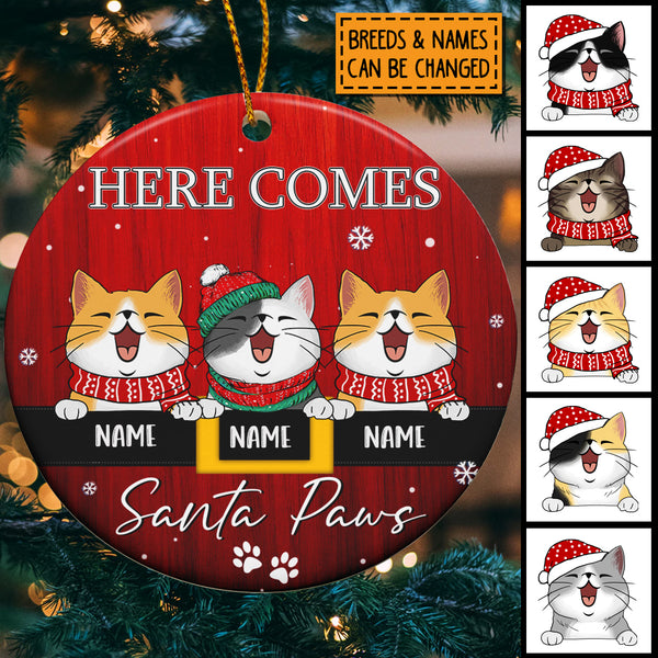Here Comes Santa Paws, Pawprints & Belt Circle Ceramic Ornament, Personalized Cat Breeds Ornament