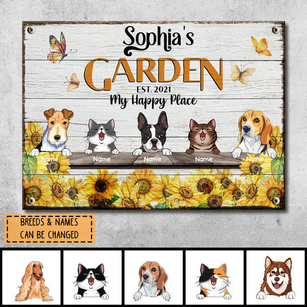 Pawzity Metal Garden Sign, Gifts For Pet Lovers, My Happy Place Sunflower & Butterfly Personalized Housewarming Gifts