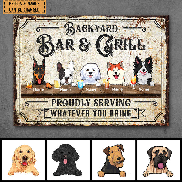 Pawzity Metal Backyard Bar & Grill Sign, Gifts For Dog Lovers, Proudly Serving Whatever You Bring Vintage Metal Signs