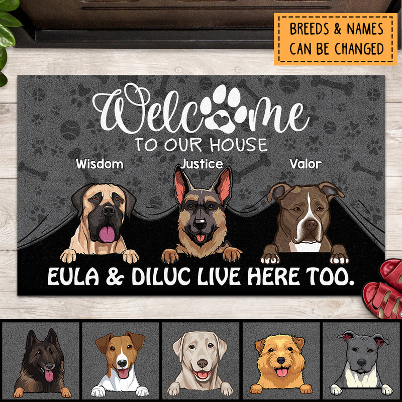 Pawzity Welcome To Our House Custom Doormat, Gifts For Dog Lovers, Pet Peeking From Curtain Dark Front Door Mat