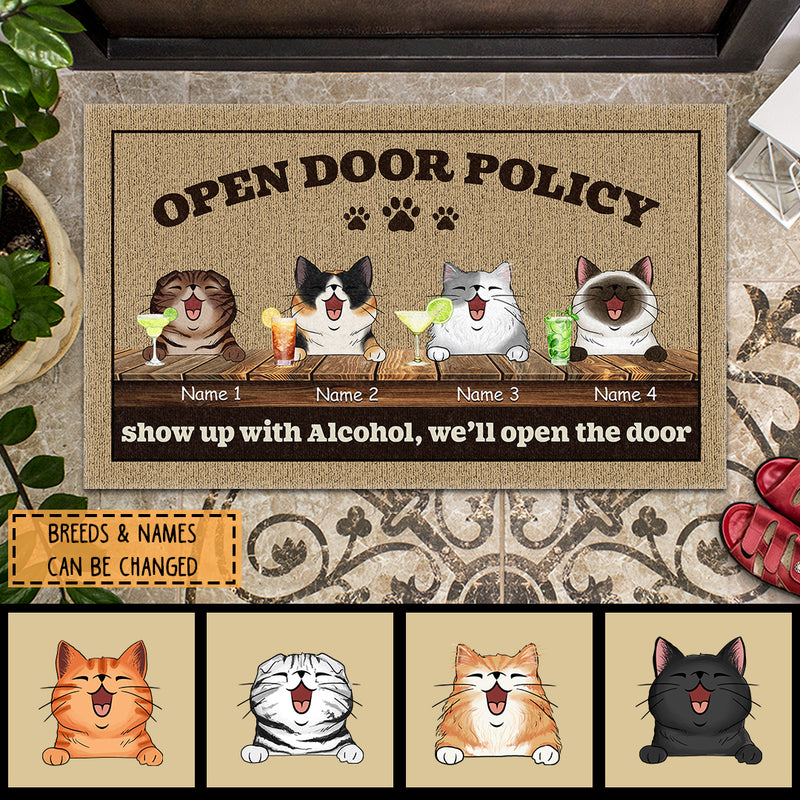 Pawzity Custom Doormat, Gifts For Cat Lovers, Open Door Policy Show Up With Alcohol We'll Open The Door