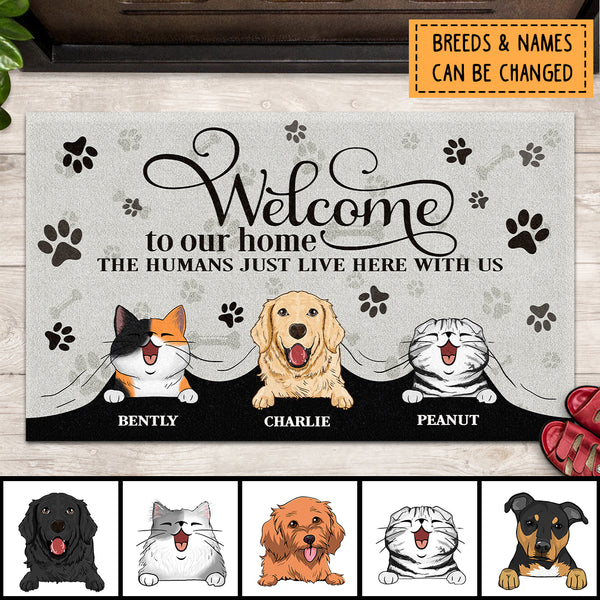 Pawzity Welcome To Our Home Custom Doormat, Gifts For Pet Lovers, Pet Peeking From Curtain Beige Front Door Mat