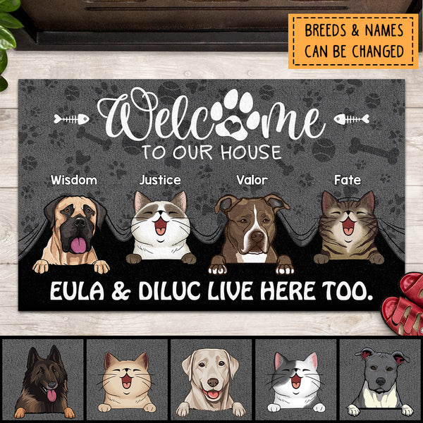 Pawzity Welcome To Our House Custom Doormat, Gifts For Pet Lovers, Pet Peeking From Curtain Dark Front Door Mat