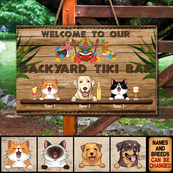 Pawzity Welcome Door Signs, Gifts For Pet Lovers, Welcome To Our Backyard Tiki Bar Rectangle Custom Wooden Signs