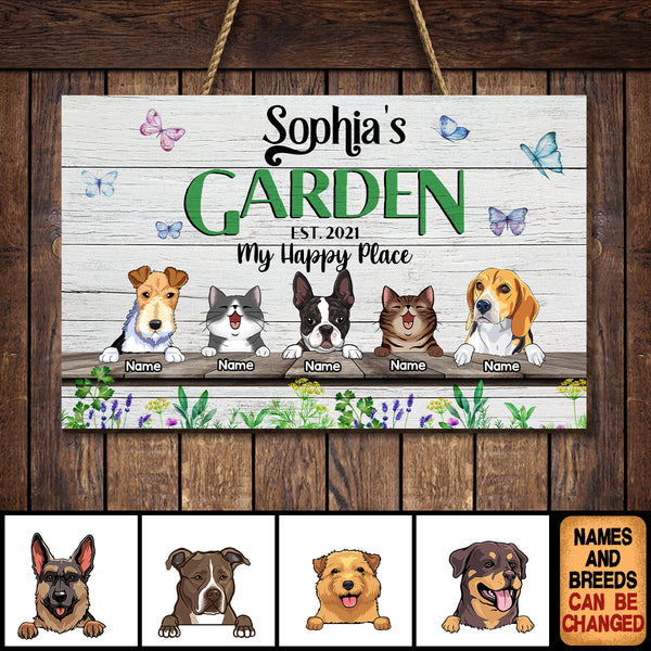 Pawzity Custom Wooden Sign, Gifts For Pet Lovers, My Happy Place Plant & Butterfly Rectangle Garden Signs