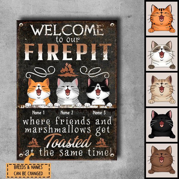Pawzity Metal Camping Signs, Gifts For Cat Lovers, Welcome To Our Firepit Where Friends And Marshmallows Get Toasted
