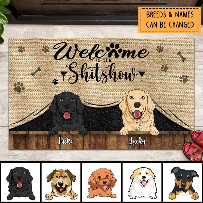 Pawzity Welcome To Our Shitshow Custom Doormat, Gifts For Dog Lovers, Dog Peeking From Curtain Outdoor Door Mat