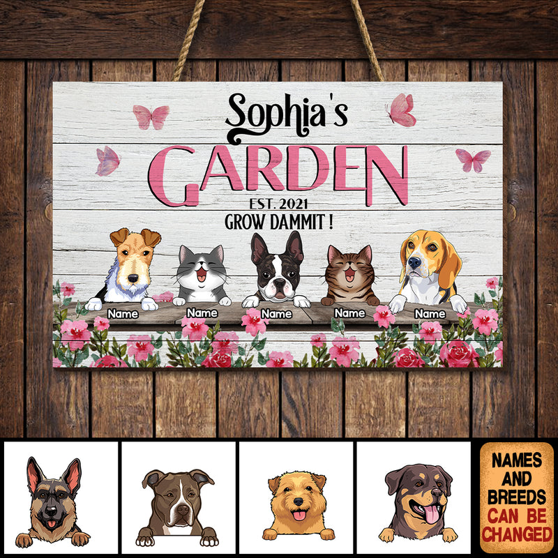 Pawzity Custom Wooden Sign, Gifts For Pet Lovers, Grow Dammit Rose & Butterfly Rectangle Garden Signs