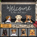 Pawzity Welcome To The Shitshow Personalized Doormat, Gifts For Dog Lovers, Dog Peeking From Curtain Front Door Mat