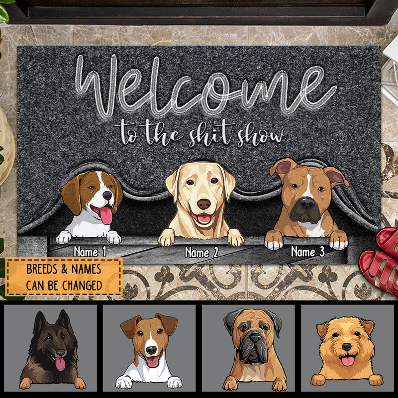 Pawzity Welcome To The Shitshow Personalized Doormat, Gifts For Dog Lovers, Dog Peeking From Curtain Front Door Mat