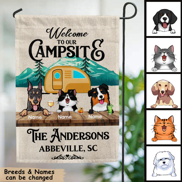 Personalized Dog & Cat Garden Flag, Gifts For Pet Lovers, Welcome To Our Campsite Mountain Flag, Yellow Camper Van