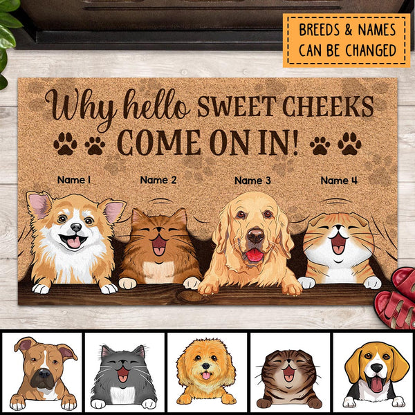 Pawzity Front Door Mat, Gifts For Pet Lovers, Why Hello Sweet Cheeks Come On In Personalized Doormat