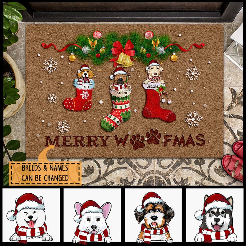 Christmas Personalized Doormat, Gifts For Dog Lovers, Merry Woofmas Dogs On Socks Front Door Mat