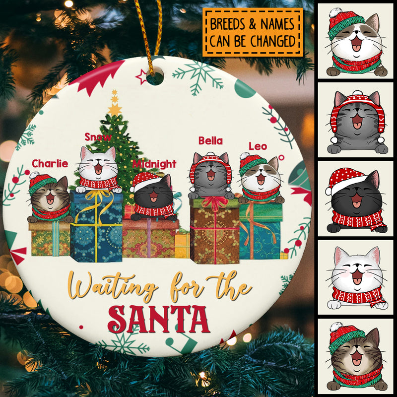 Waiting For The Santa Cats On Gift Boxes Circle Ceramic Ornament - Personalized Cat Lovers Decorative Christmas Ornament