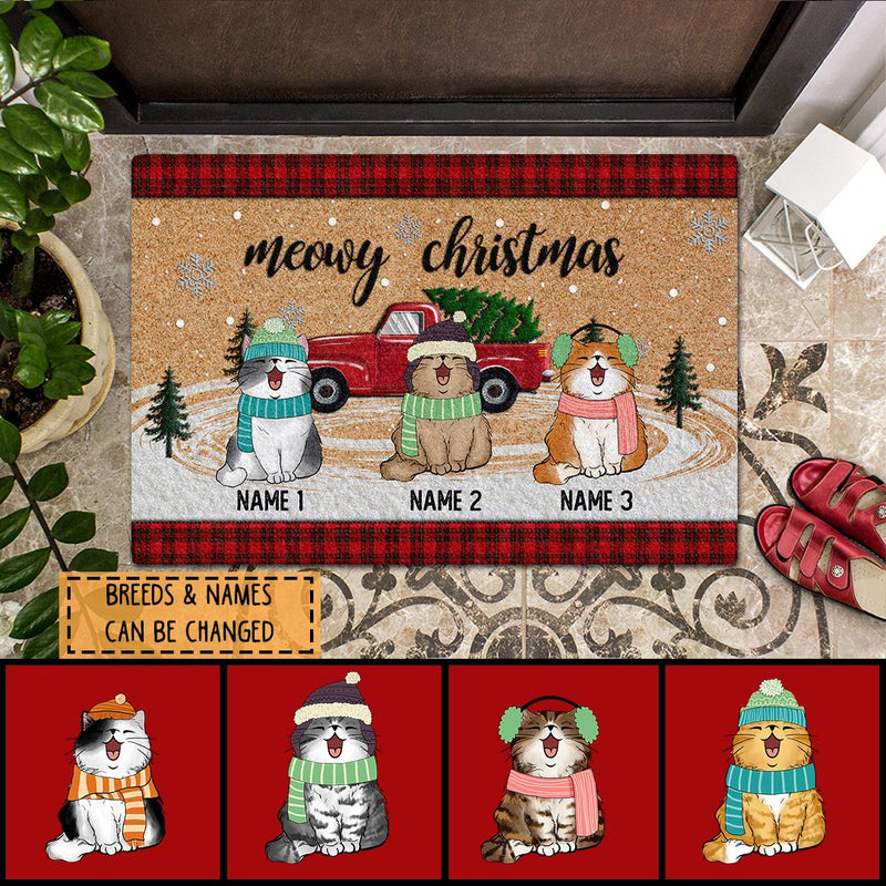 Christmas Personalized Doormat, Gifts For Cat Lovers, Meowy Christmas Red Truck & Christmas Tree Outdoor Door Mat