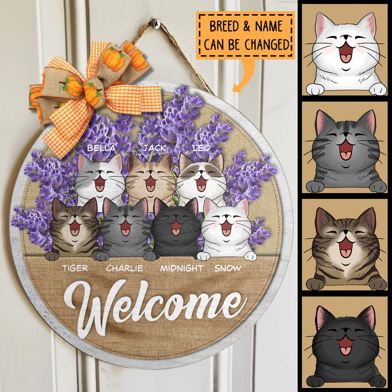 Pawzity Welcome Door Signs, Gifts For Cat Lovers, Lavender Flowers Custom Wooden Signs , Cat Mom Gifts