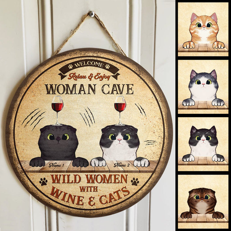 Pawzity Welcome Door Signs, Gifts For Cat Lovers, Woman's Cave Wild Women With Wine & Cats Custom Wooden Signs , Cat Mom Gifts